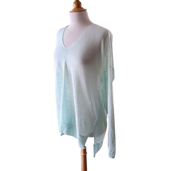 VINCE Pastel Aqua Blue Linen V-Neck Light weight Coastal Sweater - Large - Picture 6 of 11